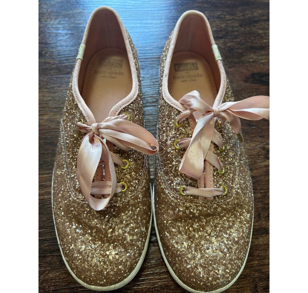 Kate Spade x Keds Champion Rose Gold Glitter Sneakers Satin Laces WF52991 7.5W